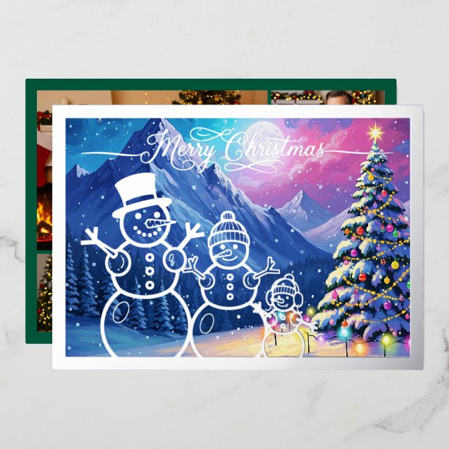 Tarjeta Festiva Con Relieve Metalizado Familia de hombres de nieve, Feliz Navidad en verd (Anverso/Reverso)