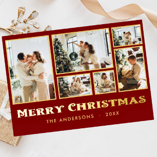 Tarjeta Festiva Con Relieve Metalizado Familia de Navidades clásicos multifotografía