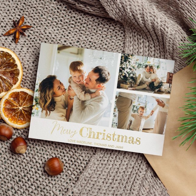 Tarjeta Festiva Con Relieve Metalizado Familia Feliz Navidad 3 Photo Grid Gold (Subido por el creador)