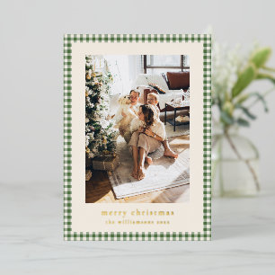 Tarjeta Festiva Con Relieve Metalizado Familia Feliz Navidad de Cuadros de Gingham Verde 