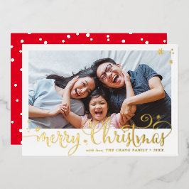 Tarjeta Festiva Con Relieve Metalizado FAMILIA FOTO diversión caligrafía Feliz Navidad
