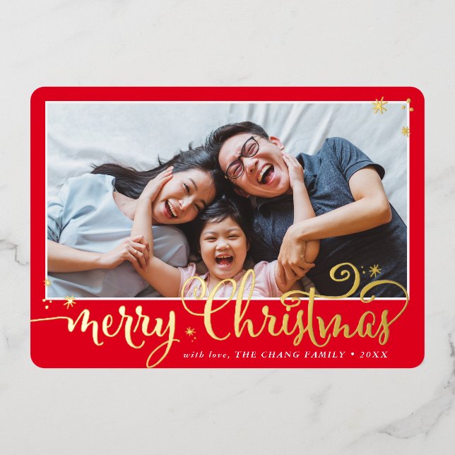 Tarjeta Festiva Con Relieve Metalizado FAMILIA FOTO diversión caligrafía Feliz Navidad ro (Anverso)