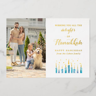 Tarjeta Festiva Con Relieve Metalizado Familia Foto Hanukkah Acuarela Fuente Elegante