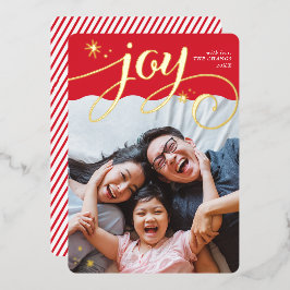 Tarjeta Festiva Con Relieve Metalizado FAMILIA FOTO JOY diversión caligrafía capilar roja