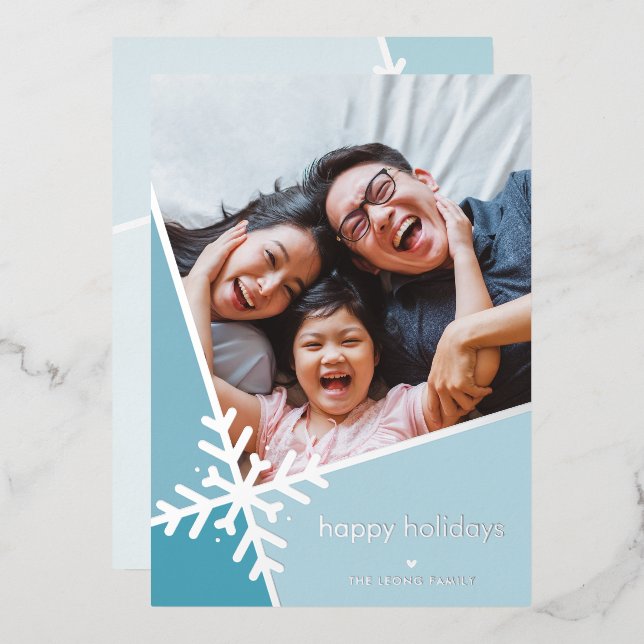 Tarjeta Festiva Con Relieve Metalizado FAMILIA FOTO vacaciones modernas copo de nieve azu (Anverso/Reverso)
