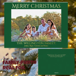 Tarjeta Festiva Con Relieve Metalizado Familia Green Gold Feliz Navidad