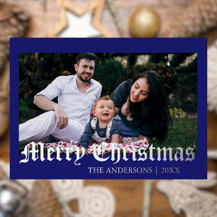Tarjeta Festiva Con Relieve Metalizado Familia Mínima de Fotos Azules Merry Christmas Mid