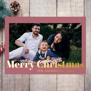 Tarjeta Festiva Con Relieve Metalizado Familia Mínima de Fotos de Oro de Feliz Navidad Ro