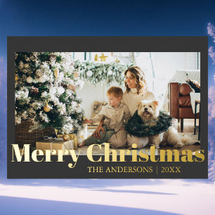 Tarjeta Festiva Con Relieve Metalizado Familia Mínima de Fotos Gris de Carbón de Feliz Na