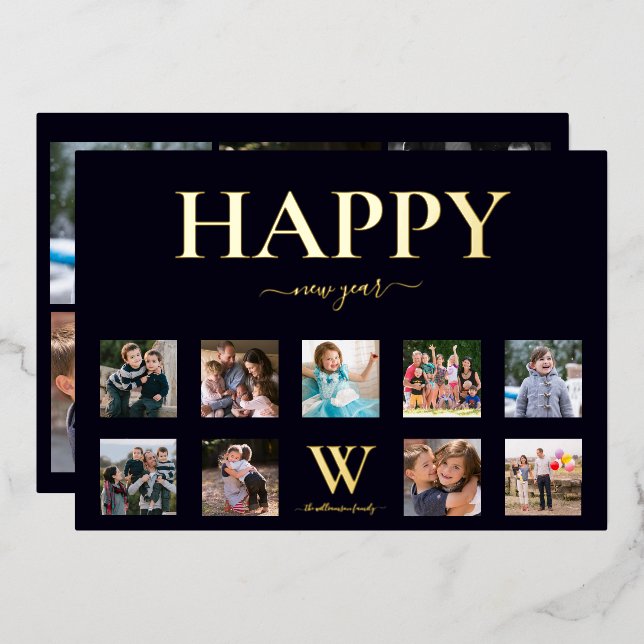 Tarjeta Festiva Con Relieve Metalizado Familia Monograma Collage de fotos Feliz Nuevo (Anverso/Reverso)
