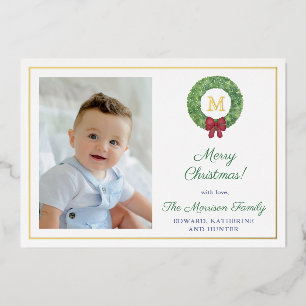 Tarjeta Festiva Con Relieve Metalizado Familia Monograma Verde Clásico