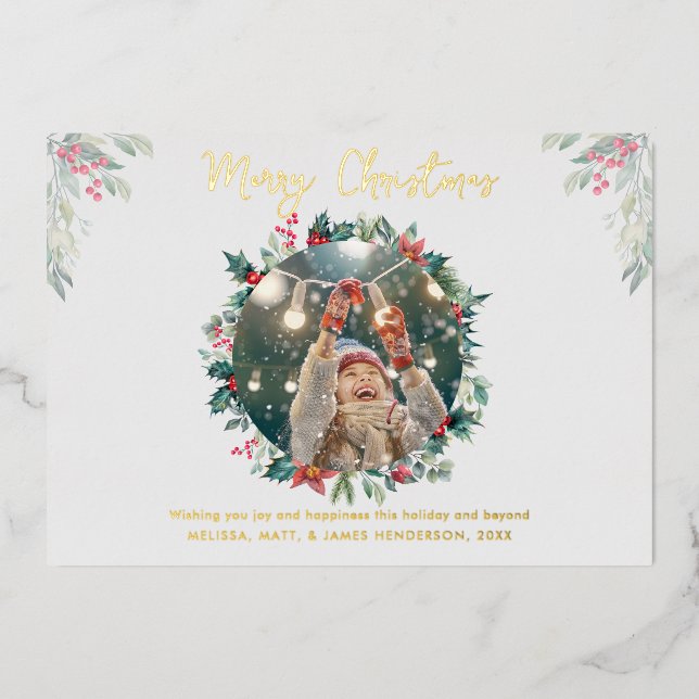Tarjeta Festiva Con Relieve Metalizado Familia navidad Foto Rustic Plaid Gold (Anverso)