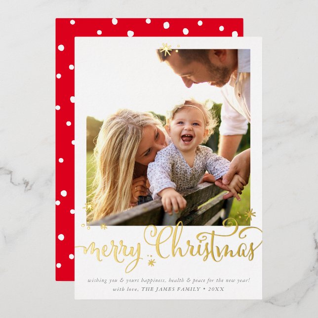 Tarjeta Festiva Con Relieve Metalizado FAMILIA NAVIDADES de FOTOS divertidos caligrafía a (Anverso/Reverso)