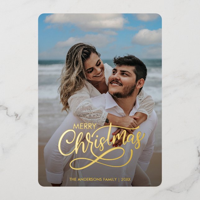 Tarjeta Festiva Con Relieve Metalizado Familia navideña moderna Fe Tartán Fo (Anverso)