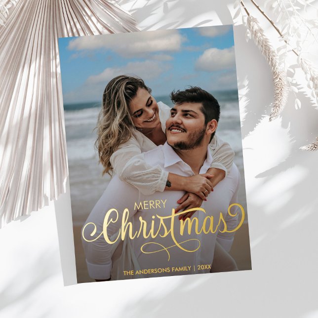 Tarjeta Festiva Con Relieve Metalizado Familia navideña moderna Merry nombre foto búfalo (Subido por el creador)