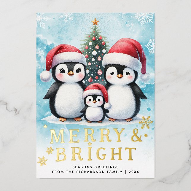 Tarjeta Festiva Con Relieve Metalizado Familia pingüino mora y Navidades rojos azules bri (Anverso)