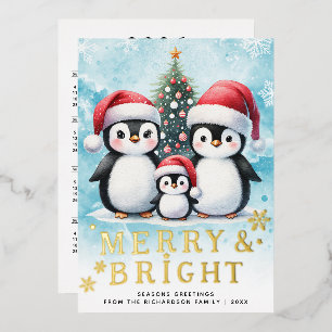 Tarjeta Festiva Con Relieve Metalizado Familia pingüino mora y Navidades rojos azules bri