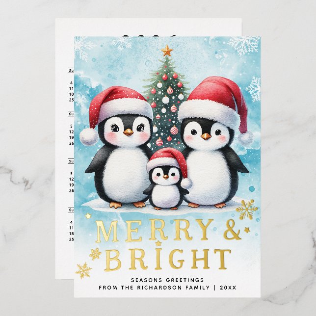 Tarjeta Festiva Con Relieve Metalizado Familia pingüino mora y Navidades rojos azules bri (Anverso/Reverso)