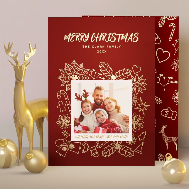 Tarjeta Festiva Con Relieve Metalizado Familia simple elegante 1 fotograma en rojo oscuro (Simple Elegant Family 1 Photo Frame in Dark Red Foil Holiday Card)