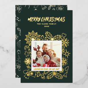 Tarjeta Festiva Con Relieve Metalizado Familia simple elegante 1 fotograma en verde oscur
