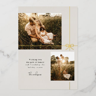 Tarjeta Festiva Con Relieve Metalizado Familia Sweet Bow + Amistad Moderno Dos Fotos