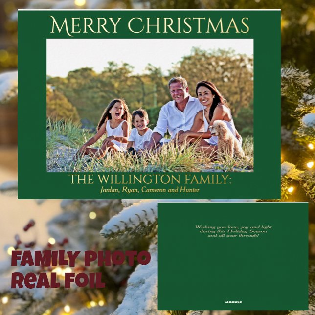 Tarjeta Festiva Con Relieve Metalizado Familia Verde Oro Foto Feliz Navidad (Subido por el creador)