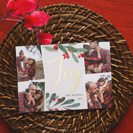 Tarjeta Festiva Con Relieve Metalizado Farmhouse Holly | Navidades multifotográficos