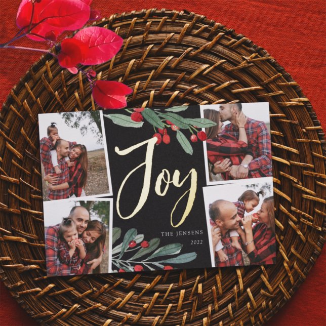 Tarjeta Festiva Con Relieve Metalizado Farmhouse Holly | Navidades multifotográficos (Subido por el creador)