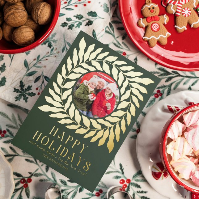 Tarjeta Festiva Con Relieve Metalizado Felices Fiestas 2 Foto Moderno Script Bold Floral  (Subido por el creador)