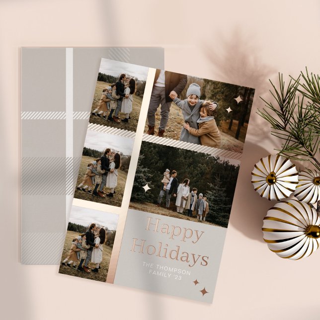 Tarjeta Festiva Con Relieve Metalizado Felices Fiestas 5 Fotografía Familiar Collage (Happy Holidays Plaid 5 Family Photo Plaid Collage Foil Holiday Card)