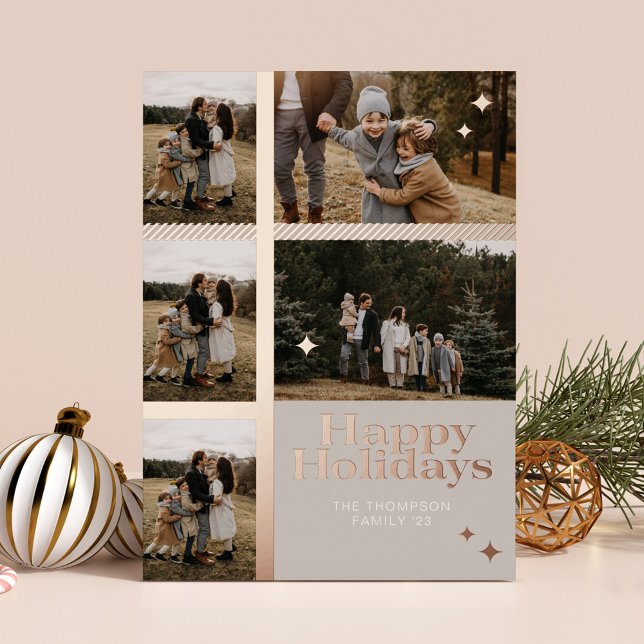 Tarjeta Festiva Con Relieve Metalizado Felices Fiestas 5 Fotografía Familiar Collage (Happy Holidays Plaid 5 Family Photo Plaid Collage Foil Holiday Card)
