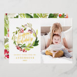 Tarjeta Festiva Con Relieve Metalizado Felices Fiestas acuarelas foto floral<br><div class="desc">Fotos florales de color acuático Happy Holidays Relieve metalizado card. Parte de una colección.</div>
