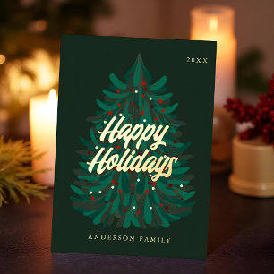 Tarjeta Festiva Con Relieve Metalizado Felices Fiestas Árbol de Navidad Moderno Elegante