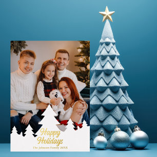 Tarjeta Festiva Con Relieve Metalizado Felices Fiestas Árboles de Navidad Familia Foto Or