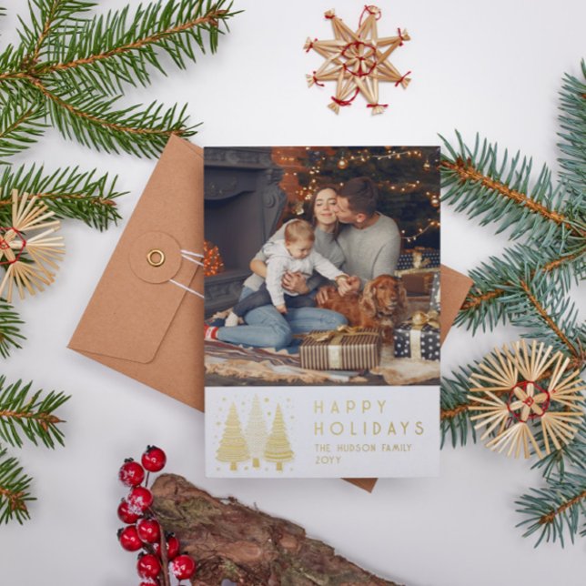 Tarjeta Festiva Con Relieve Metalizado Felices Fiestas Árboles de Navidad Simple Foto (Subido por el creador)