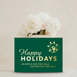 Tarjeta Festiva Con Relieve Metalizado Felices fiestas con logo empresarial verde dorado