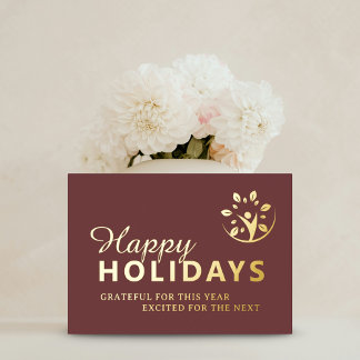 Tarjeta Festiva Con Relieve Metalizado Felices fiestas con logotipo de negocios beige dor