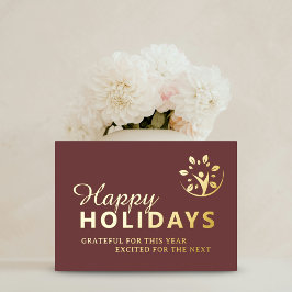 Tarjeta Festiva Con Relieve Metalizado Felices fiestas con logotipo negocio beige dorado 
