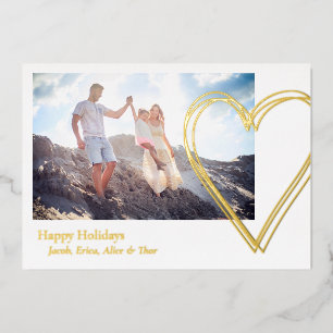 Tarjeta Festiva Con Relieve Metalizado Felices Fiestas Corazón 3 Foto Minimalista Dorado