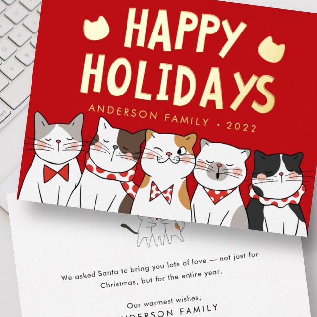 Tarjeta Festiva Con Relieve Metalizado Felices Fiestas Divertidos Gatitos Cantando Villan (Subido por el creador)