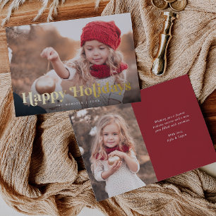 Tarjeta Festiva Con Relieve Metalizado Felices Fiestas Dos Fotos Dorado