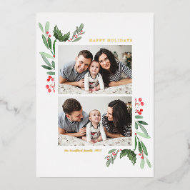 Tarjeta Festiva Con Relieve Metalizado Felices Fiestas Dos Fotos Hollies y Verdor