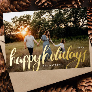Tarjeta Festiva Con Relieve Metalizado Felices Fiestas Escritas a Mano con Oro Prensado