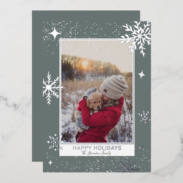 Tarjeta Festiva Con Relieve Metalizado Felices fiestas estrellas nieve azul (Anverso/Reverso)