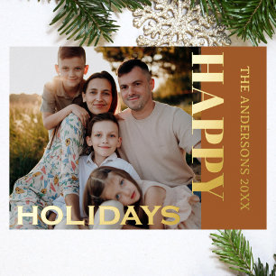 Tarjeta Festiva Con Relieve Metalizado Felices Fiestas Familia Foto Clásica Gingerbread