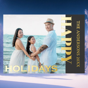 Tarjeta Festiva Con Relieve Metalizado Felices Fiestas Familia Foto Clásica Gris Carbón