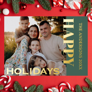 Tarjeta Festiva Con Relieve Metalizado Felices Fiestas Familiares Foto Clásica Olive Gree