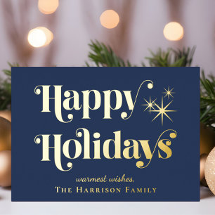Tarjeta Festiva Con Relieve Metalizado Felices Fiestas Foto Azul de Navidad