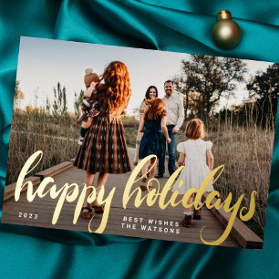 Tarjeta Festiva Con Relieve Metalizado Felices Fiestas Foto con Letras en Relieve de Oro