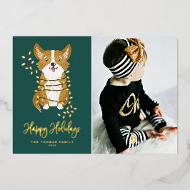 Tarjeta Festiva Con Relieve Metalizado Felices Fiestas Foto de Corgi Adorable y Luces de 